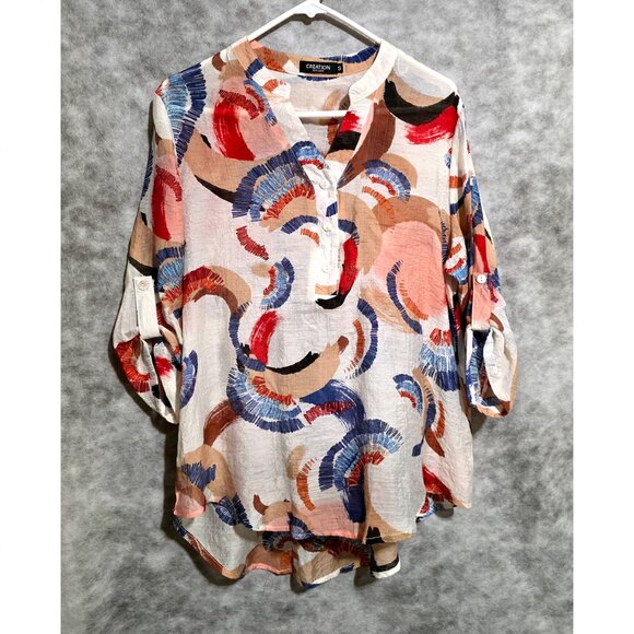 Creation Women's Sz S SemiSheer blouse top 3/4 Sleeve, Hi-lo - Picture 1 of 3